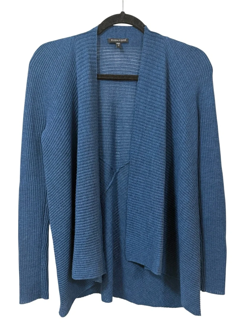 Eileen Fisher Blue Ribbed Open-Front Cardigan 100% wool sweater XS minimal